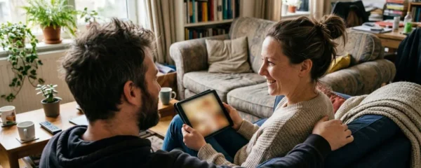 Un couple trentenaire consulte une tablette dans leur salon lumineux, visages concentrés de profil