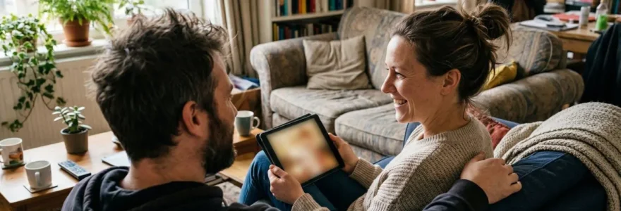 Un couple trentenaire consulte une tablette dans leur salon lumineux, visages concentrés de profil