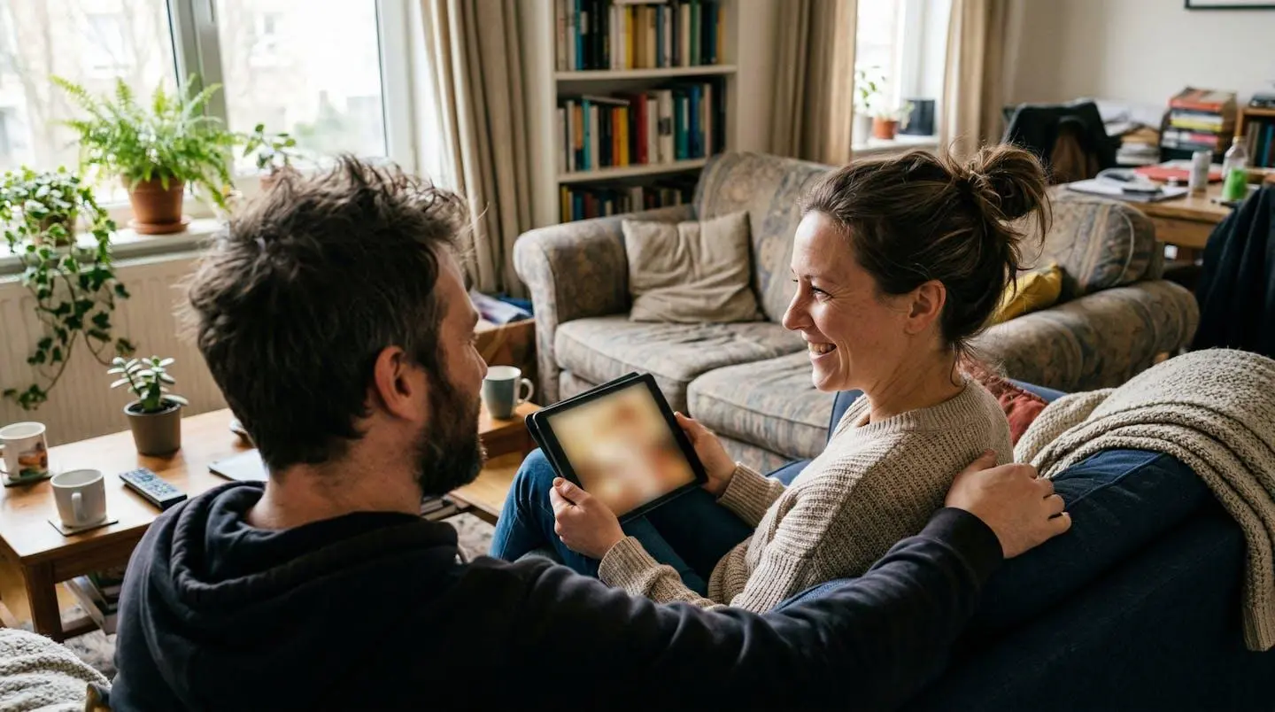 Un couple trentenaire consulte une tablette dans leur salon lumineux, visages concentrés de profil