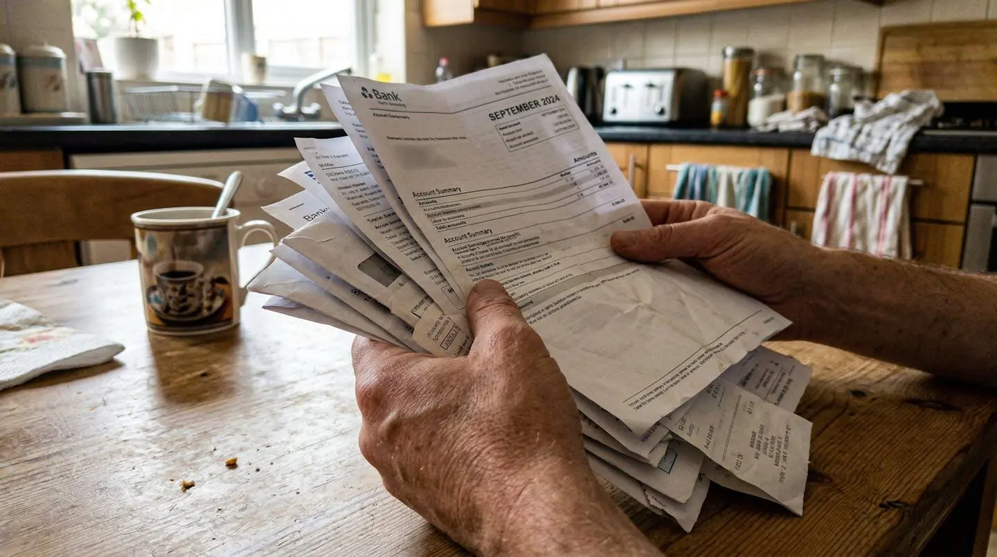Des mains tiennent plusieurs documents papier et relevés sur une table de cuisine