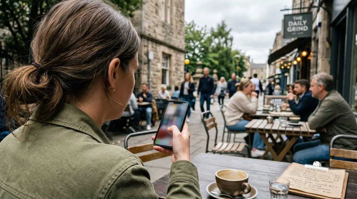 Vue par-dessus l'épaule d'une personne tenant un smartphone avec l'écran flouté dans un café