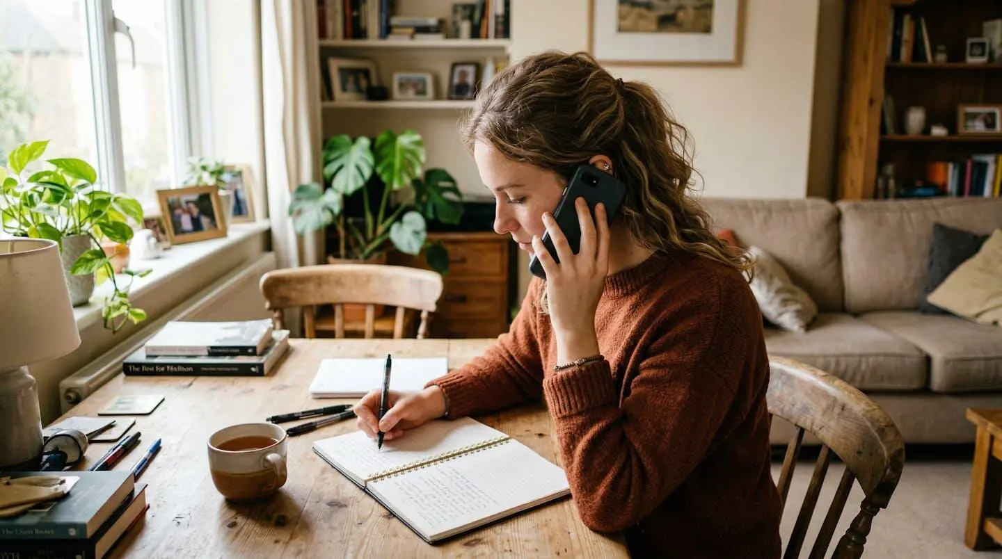 Une personne souriante parle au téléphone dans son salon tout en prenant des notes sur un carnet
