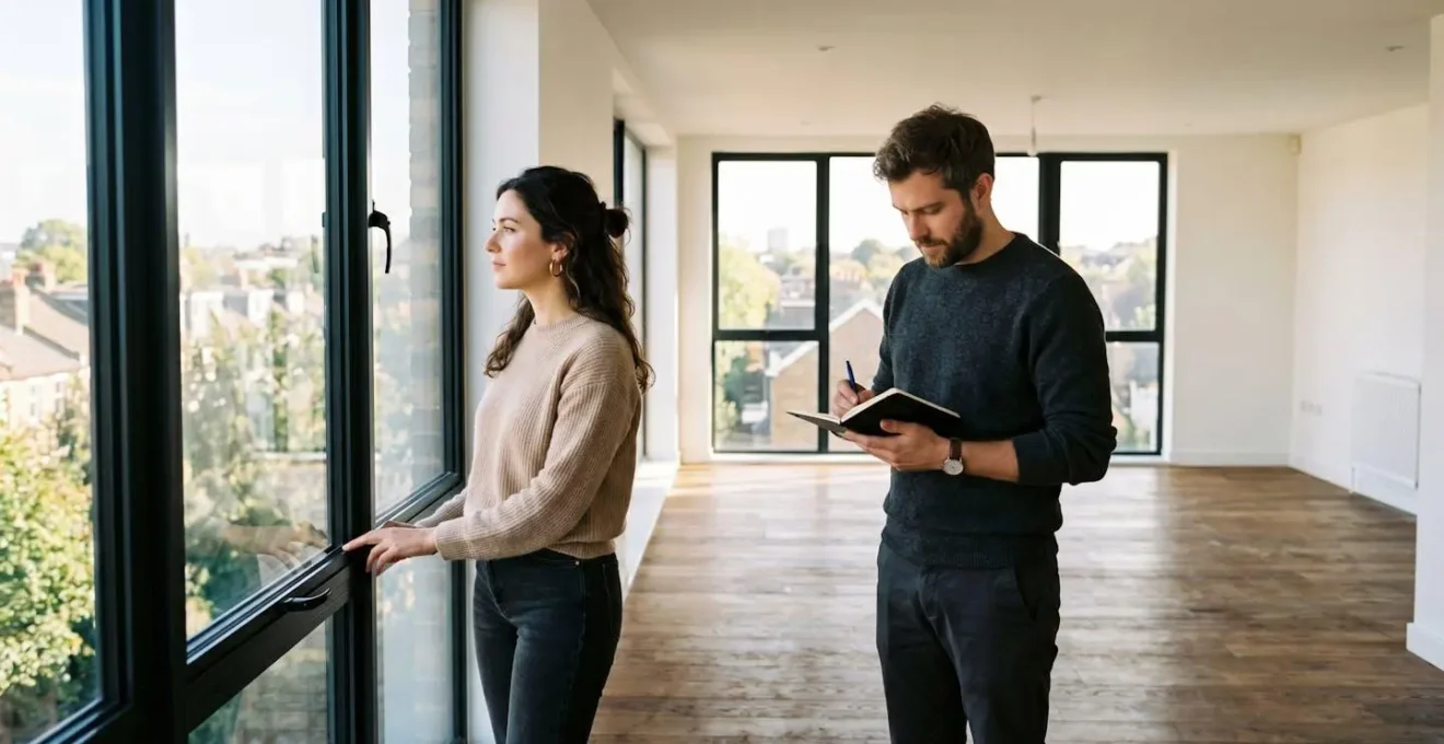 Un couple de primo-accédants visite un appartement lumineux, l'un d'eux tenant un carnet de notes