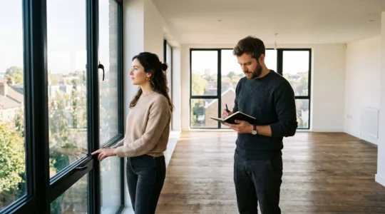 Un couple de primo-accédants visite un appartement lumineux, l'un d'eux tenant un carnet de notes