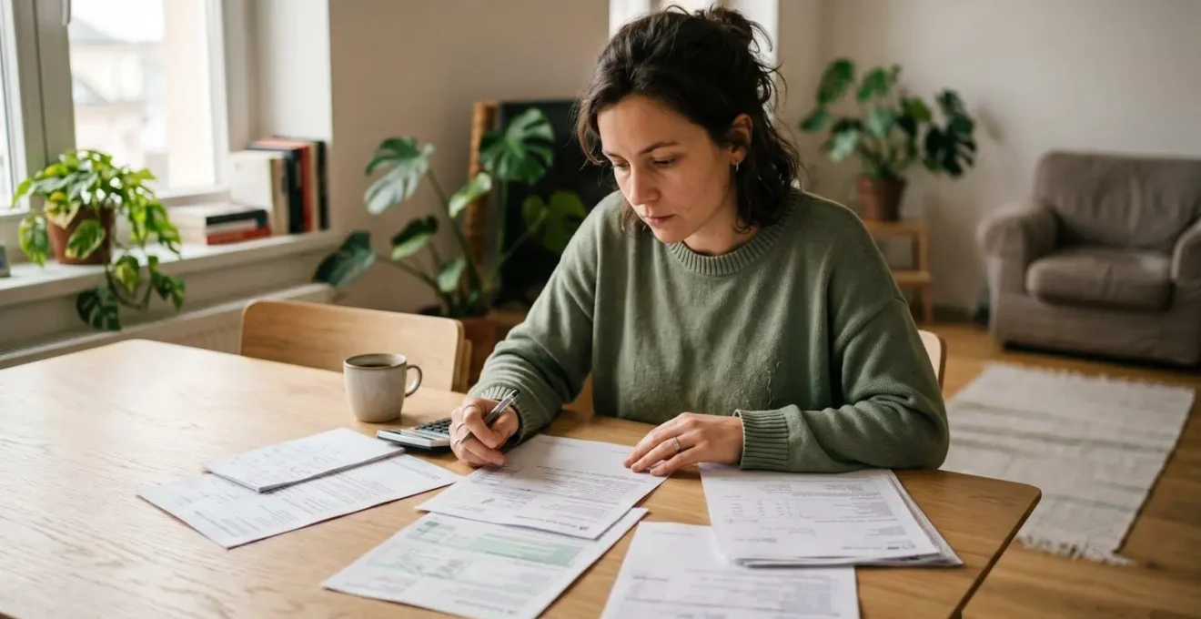 Une personne seule examine attentivement des documents administratifs posés sur une table, stylo en main, dans un espace de vie contemporain