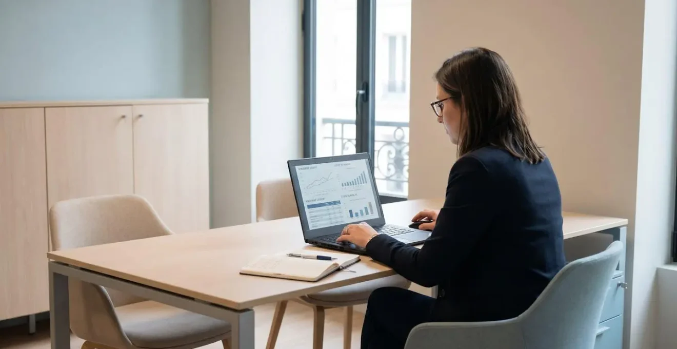 Professionnel de l'immobilier analysant des données de rendement locatif sur écran d'ordinateur dans un bureau d'agence