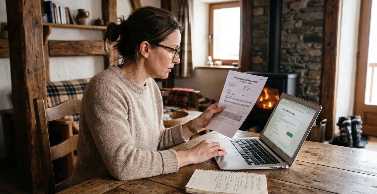 Une femme compare un contrat de location de chalet imprimé avec une page de réservation sur ordinateur portable, dans le salon boisé d'un chalet savoyard.