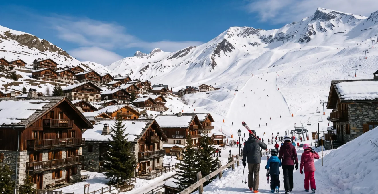 Le village de Saint-Sorlin-d'Arves au pied des pistes des Sybelles, avec une famille marchant skis sur l'épaule vers le départ des remontées.
