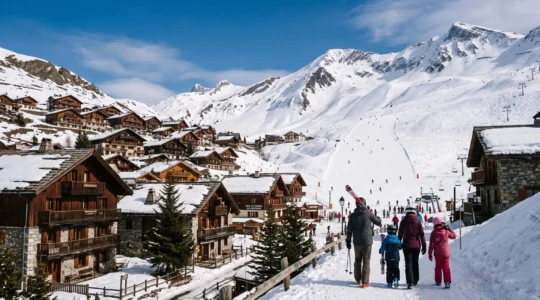 Le village de Saint-Sorlin-d'Arves au pied des pistes des Sybelles, avec une famille marchant skis sur l'épaule vers le départ des remontées.